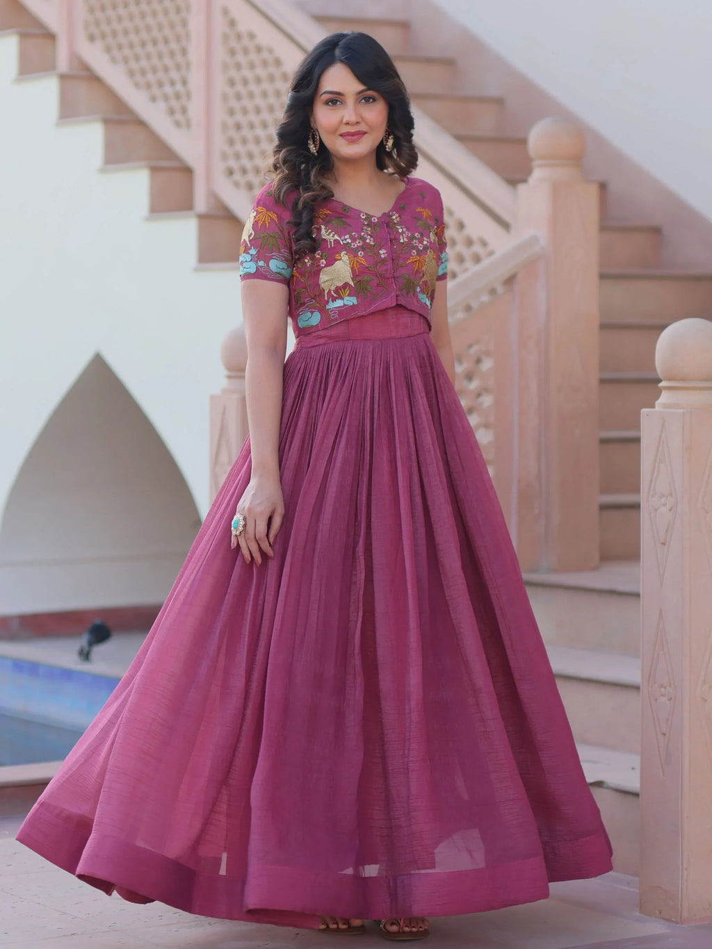 Onion Pink Organza Embroidered Festival Wear Gown With Koti