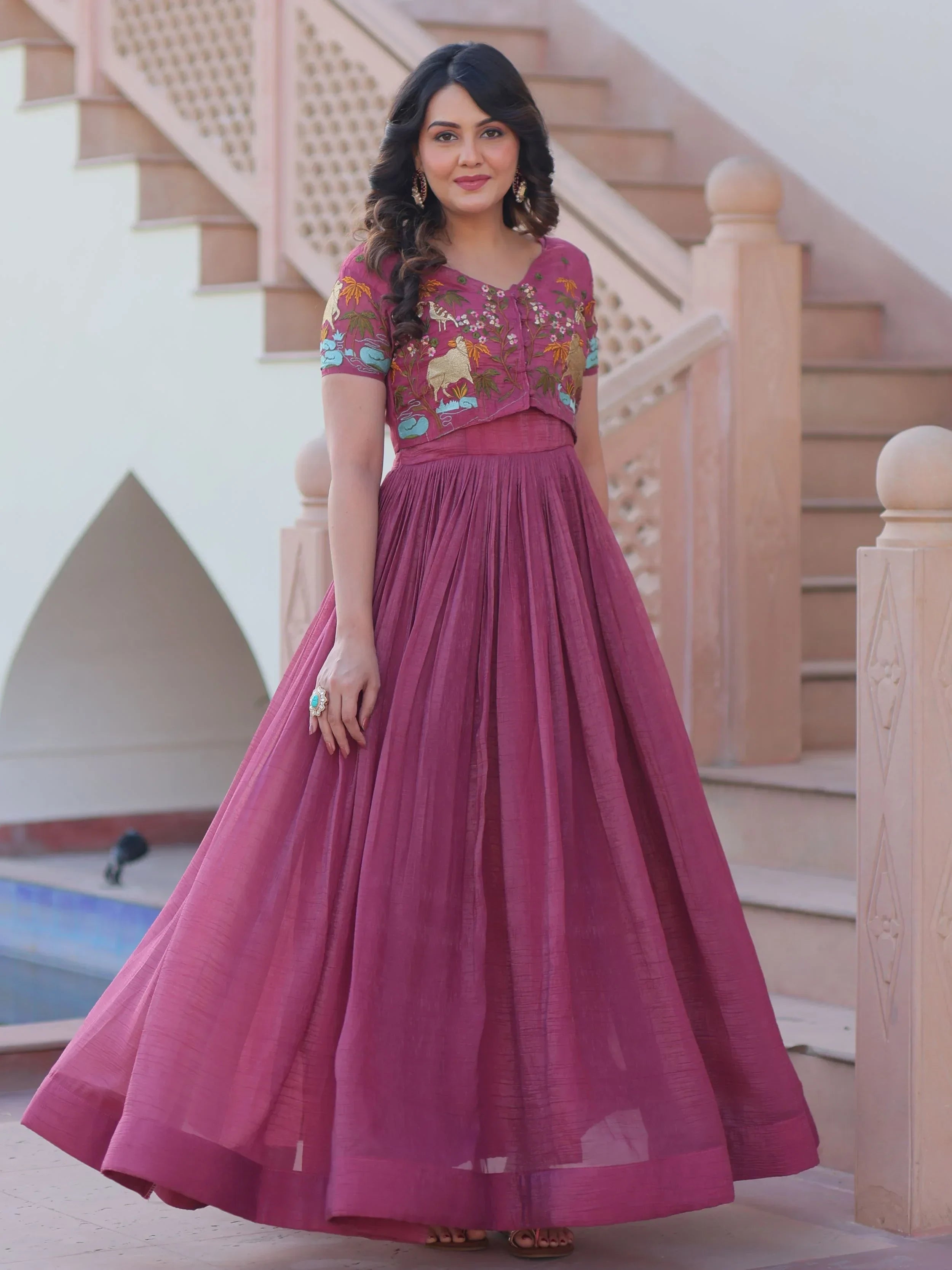 Onion Pink Organza Embroidered Festival Wear Gown With Koti