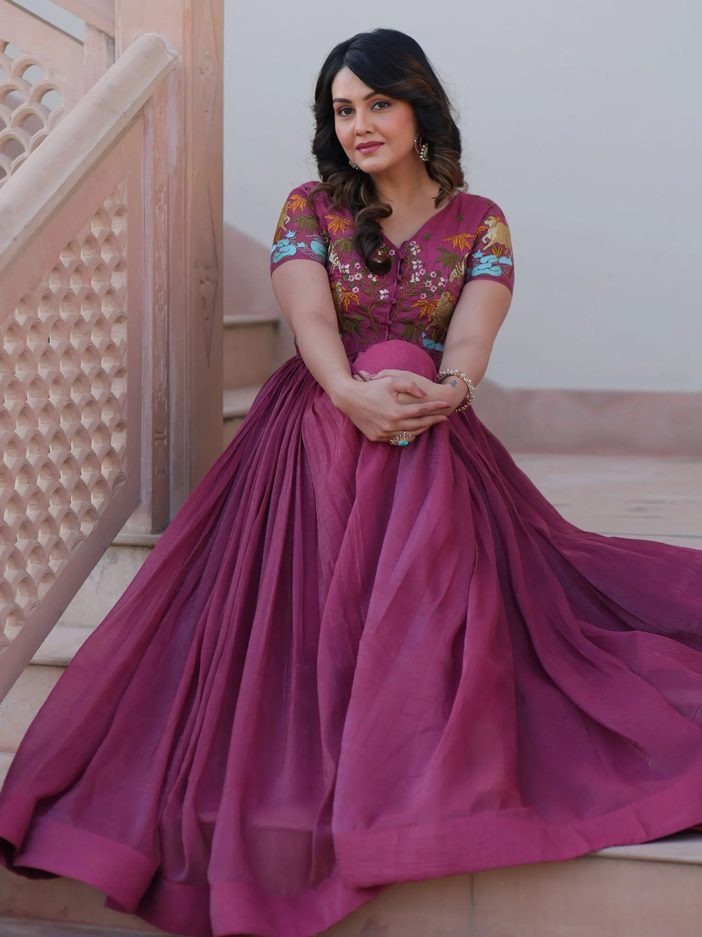 Onion Pink Organza Embroidered Festival Wear Gown With Koti