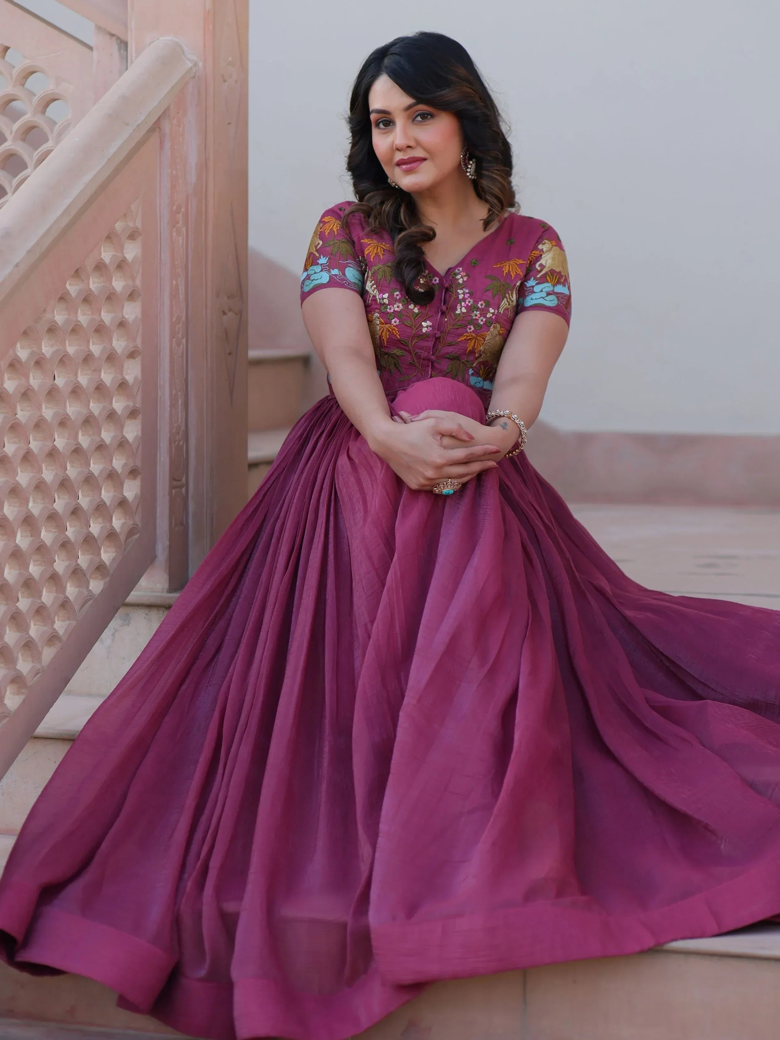 Onion Pink Organza Embroidered Festival Wear Gown With Koti